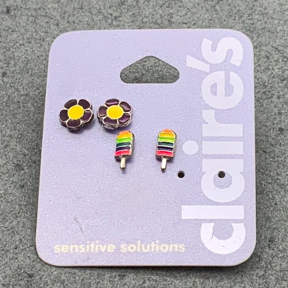 Claire's Tiny Enamel Earrings Lot Rainbow Popsicle Purple Yellow Flower Stud - Picture 2 of 4